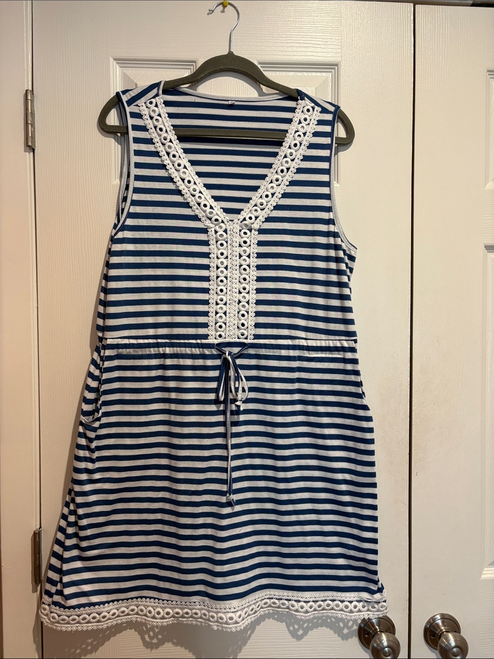 Blue and White Striped Sleeveless Dress with Lace Trim - Size XL